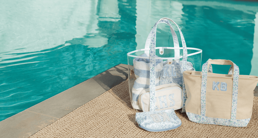 Riviera Tote and Floral Canvas Tote by Pool