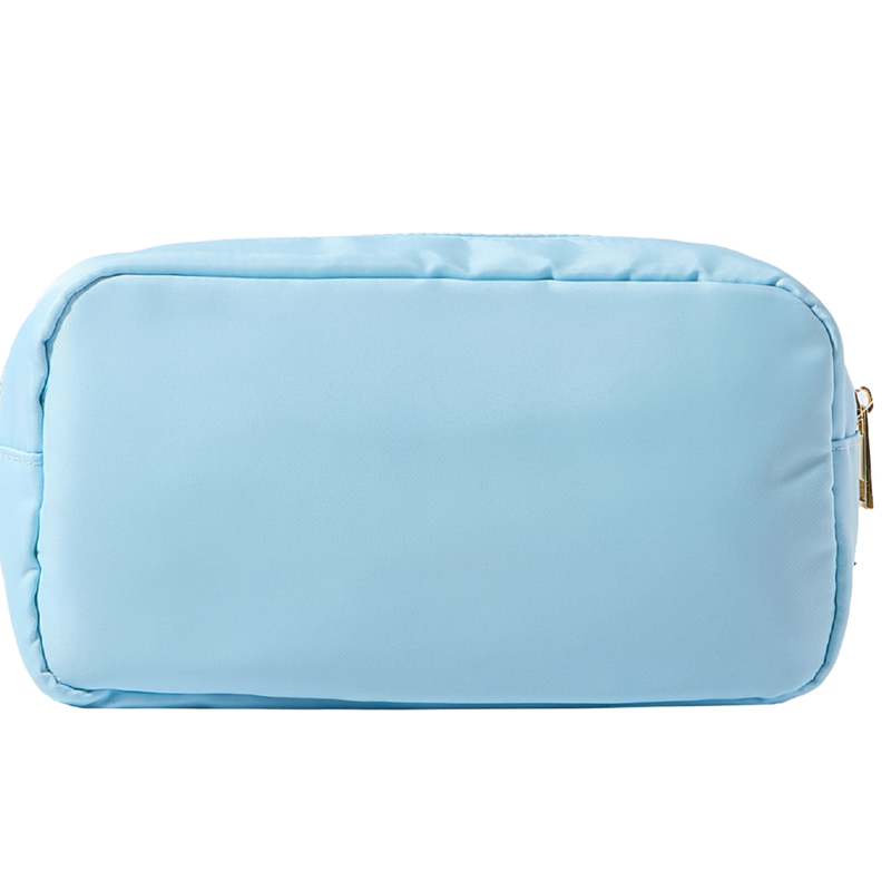 Light blue nylon pouch perfect for personalized travel or makeup storage