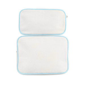 White pouch with light blue trim.