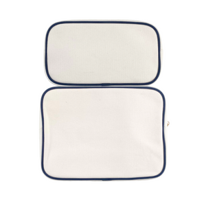 White pouch with navy trim.