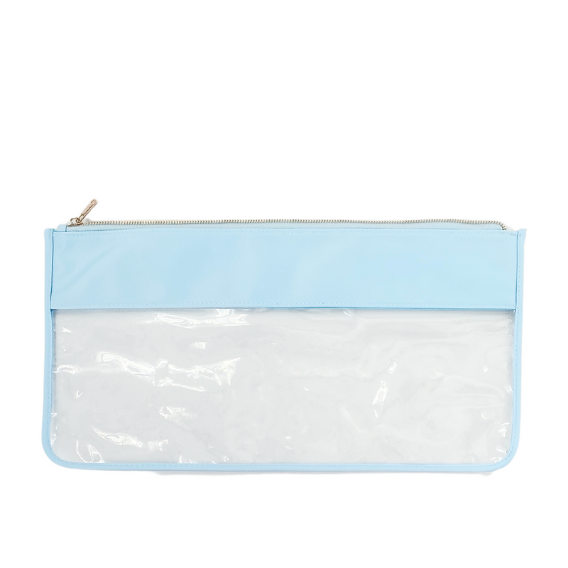 XL blue Needlepoint Clear Nylon Pouch with clear front, great for craft storage and travel organization.