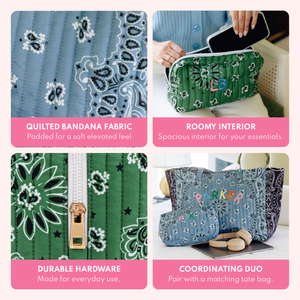 A 2x2 collage showing close-up and in-use views of a quilted bandana-pattern tote bag and matching pouch. Text callouts describe quilted bandana fabric, a spacious roomy interior, durable hardware, and coordinating duo bags.