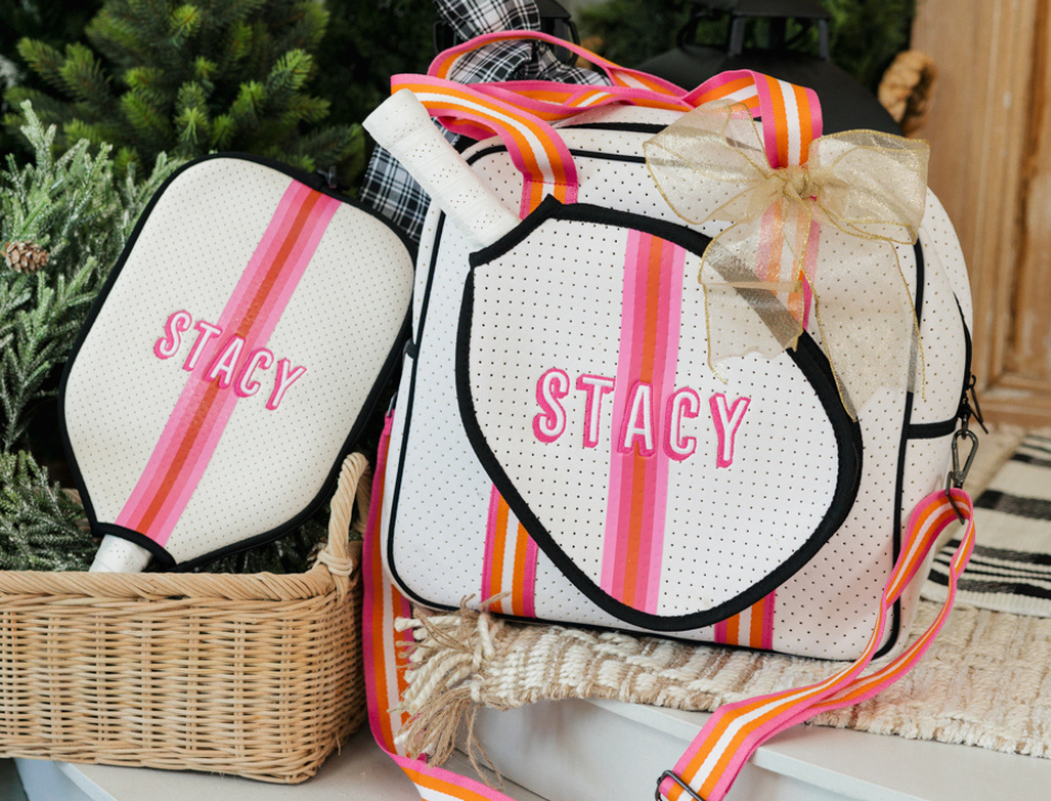 Personalized pickleball bag with embroidered covers, playful sporty gift idea.