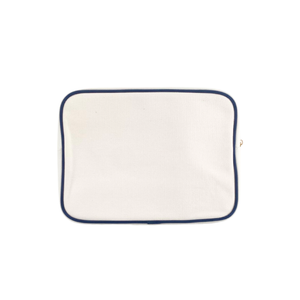 Extra-large white canvas pouch with navy trim, product shot on white background
