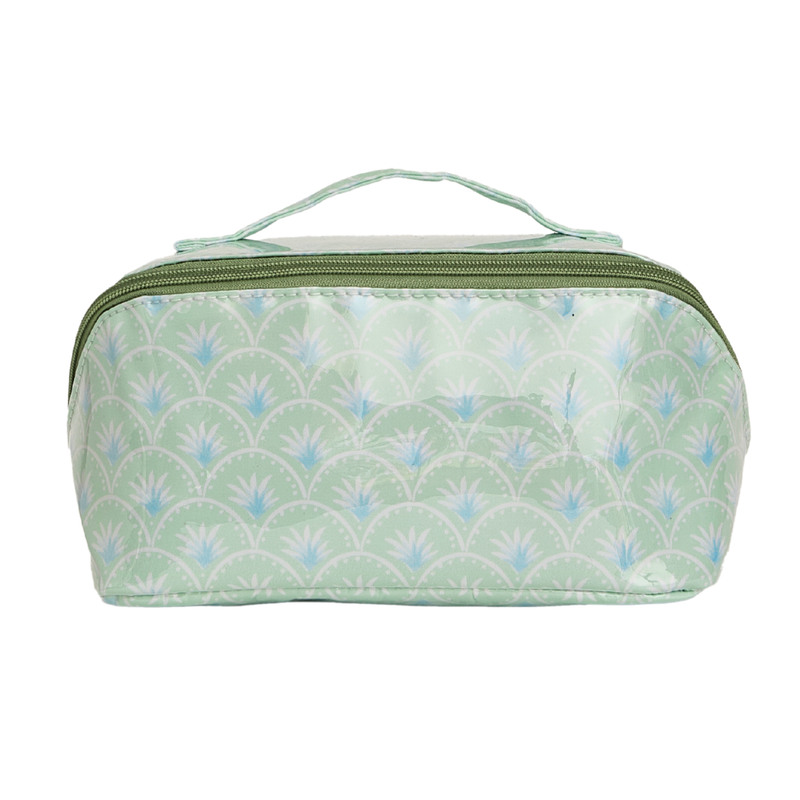 A mint green fan and scallop pattern flat lay pouch
