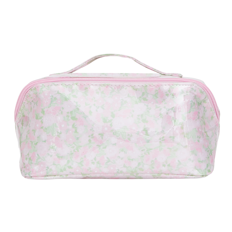 A pink and green floral watercolor print flat lay pouch