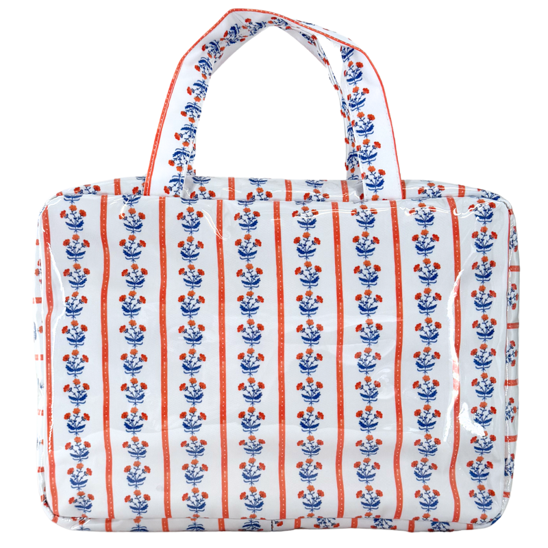 Red block print floral clear coated hanging toiletry bag, unmonogrammed