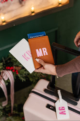 Monogrammed travel passport holder, personalized travel gift set.