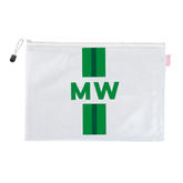 White mesh pool bag with a striped green accent, appliqued 'MW' in green, on a white background.
