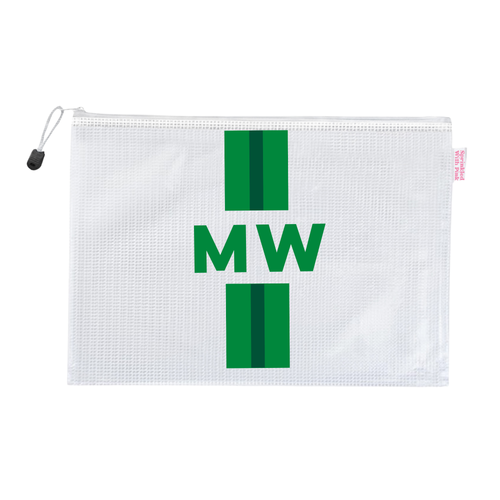 White mesh pool bag with a striped green accent, appliqued 'MW' in green, on a white background.