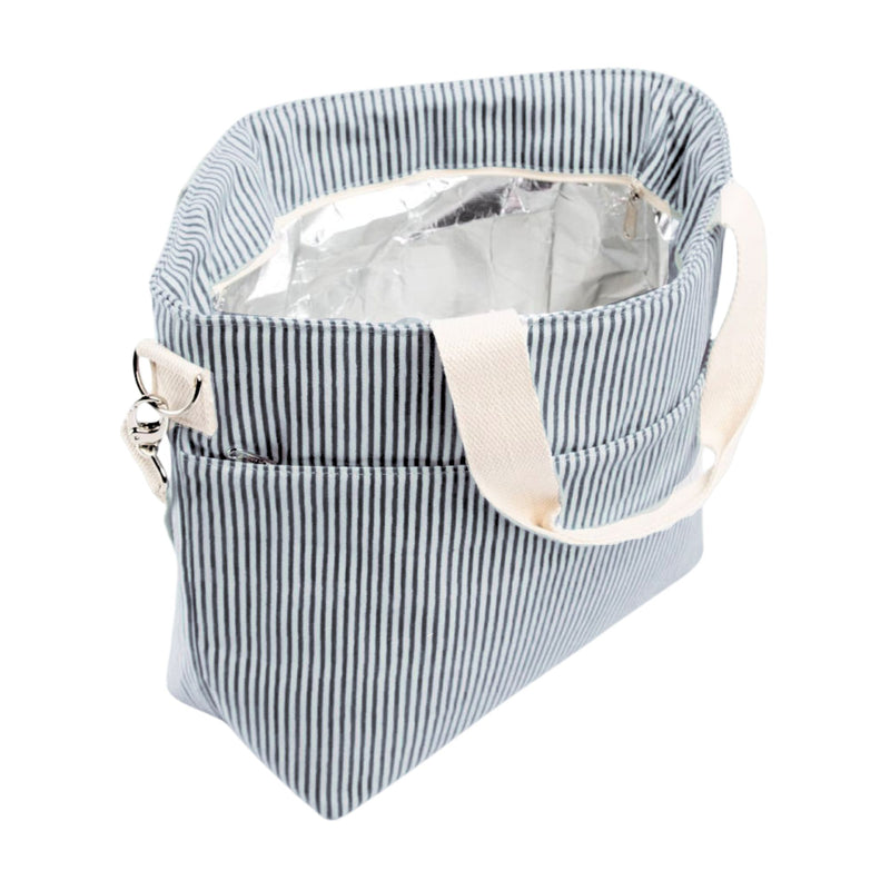 A navy cooler tote is unzipped to show off the inside oof the bag.