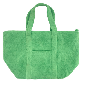 Green terry cloth tote bag, soft and spacious summer beach or pool carryall.