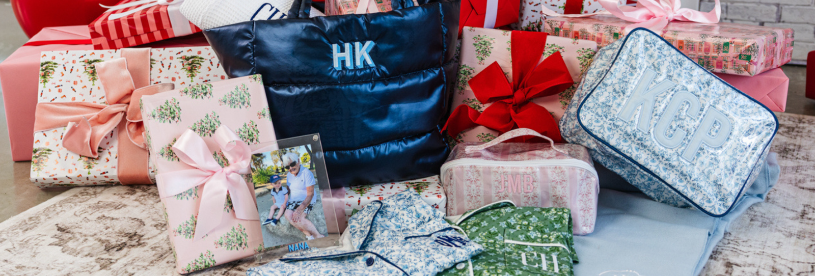 Collage of Sprinkled With Pink bestsellers: puffer tote, PJ's & acrylic frame.