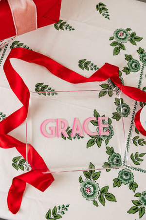 Acrylic tray with red ribbon monogram design, custom home décor gift for holidays
