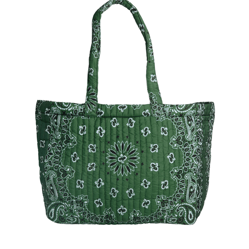 Green bandana print quilted tote bag, flat product photo