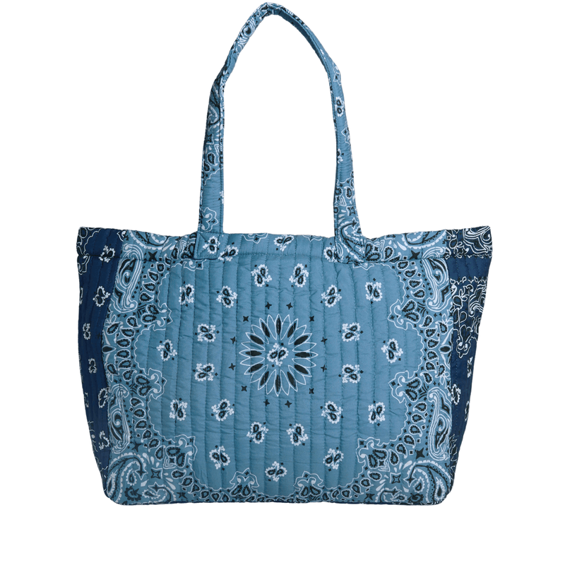 Blue bandana print quilted tote bag, flat product photo