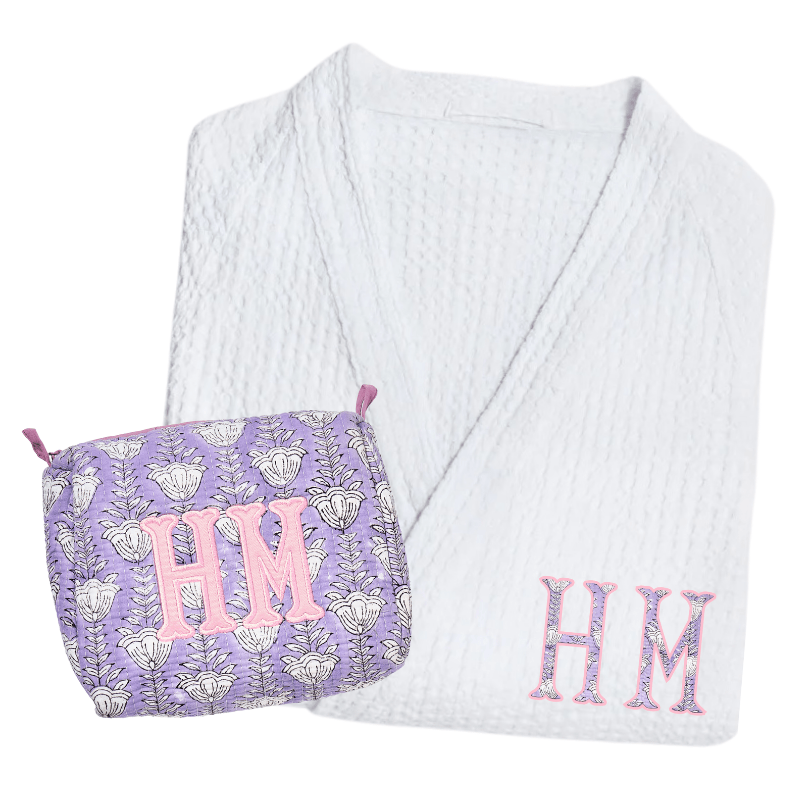 Block Print Gift Bundle with Applique featuring 5 color options each embroidered block print pouch and a white waffle knit robe, both customized with matching pink applique initials for a personalized and thoughtful gifting set.