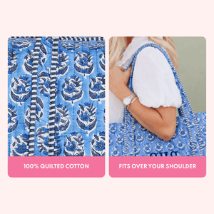 Close-up of blue block print quilted fabric with striped trim, and a woman carrying the matching tote over her shoulder, with text describing it as 100% quilted cotton that fits over your shoulder.