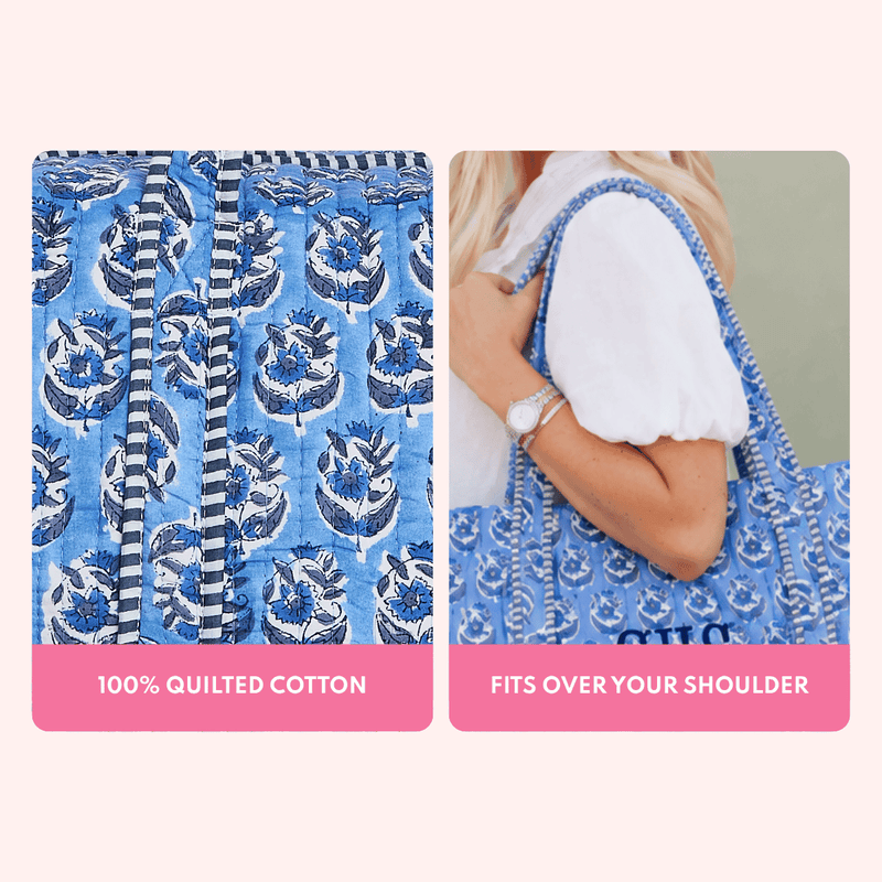 Close-up of blue block print quilted fabric with striped trim, and a woman carrying the matching tote over her shoulder, with text describing it as 100% quilted cotton that fits over your shoulder.