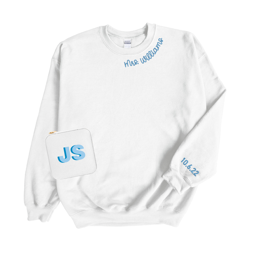 Bride gift set including monogram sweatshirt, and monogram travel jewelry case