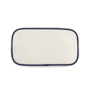 Large white canvas pouch with navy trim, product shot on white background