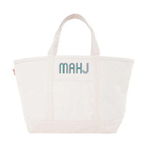 Cream canvas tote embroidered 'MAHJ' in a retro multicolor font, on a white background.