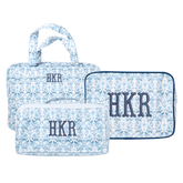 Blue floral clear coated essential set with monogram HKR, includes tote, pouch, and flat case.
