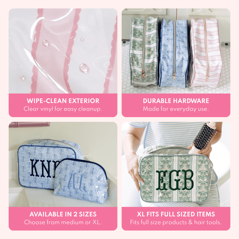 Close-up of a clear vinyl pouch with water droplets, three clear coated pouches lined up in sage floral, light blue floral, and pink stripe, a light blue and navy set of two pouches monogrammed 'KNP' and a script initial, and a woman holding a sage floral pouch monogrammed 'EGB' with a hot air brush, with text describing wipe-clean exterior, durable hardware, availability in two sizes, and the XL fitting full sized items.