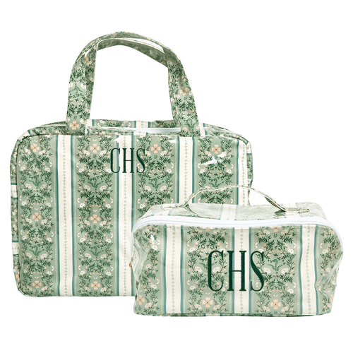 Green floral stripe clear coated travel set monogrammed CHS on both the large hanging bag and the small pouch