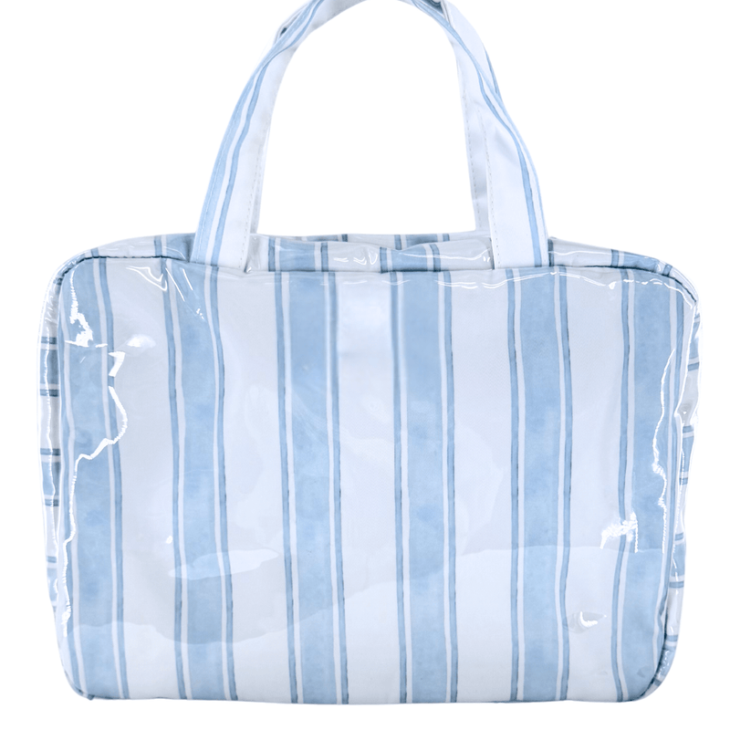 Light blue striped clear coated hanging toiletry bag, unmonogrammed