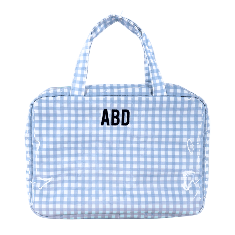Light blue gingham clear coated hanging toiletry bag monogrammed ABD