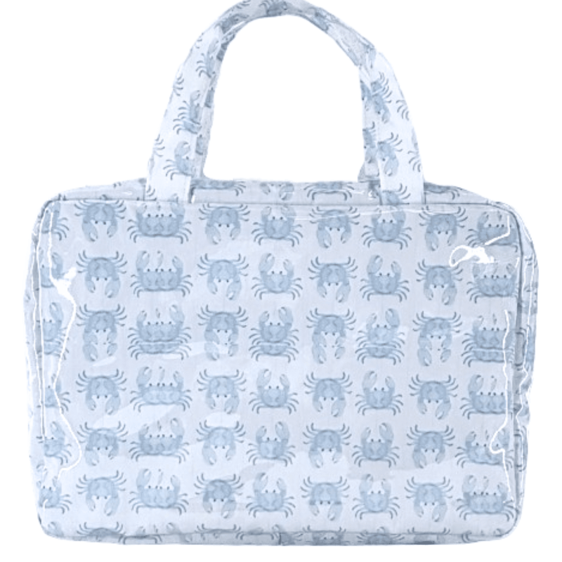 Light blue crab print clear coated hanging toiletry bag, unmonogrammed