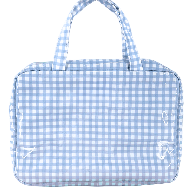 Light blue gingham clear coated hanging toiletry bag, unmonogrammed