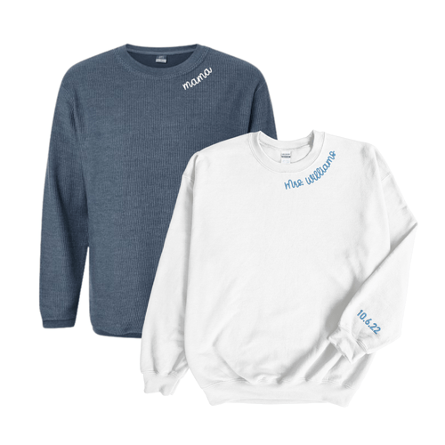 Collar sleeve monogram sweatshirt in navy and white, custom embroidered pullover