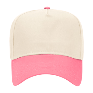 Cream-colored trucker hat featuring a soft pink brim and top button, perfect for a playful and feminine style.