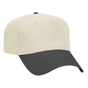 Cream cap with charcoal bill, adjustable snapback.
