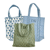 Set of embroidered block print totes in green, blue, and white, each personalized with monogram.