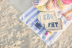 Personalized cabana towel with bold embroidered monogram.