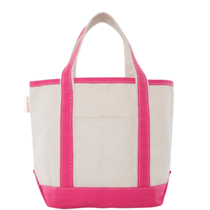 Embroidered Teacher Canvas Tote in natural canvas with hot-pink trim, sturdy handles, and a front pocket