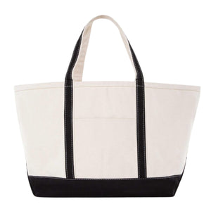Natural canvas gameday tote with black trim and customizable monogram embroidery.