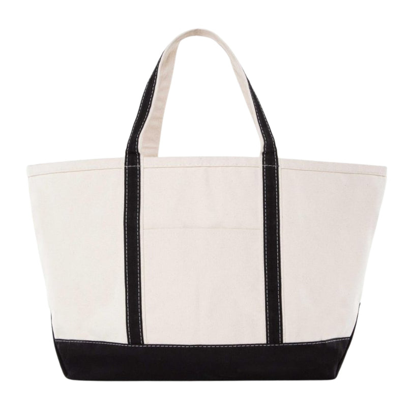 Natural canvas gameday tote with black trim and customizable monogram embroidery.