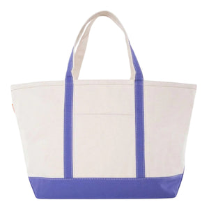 Natural canvas gameday tote with periwinkle-blue trim and customizable monogram embroidery.