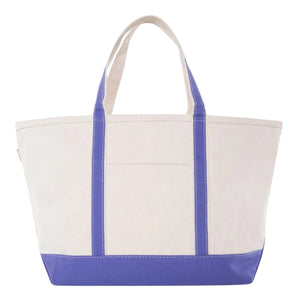Natural canvas gameday tote with periwinkle-blue trim and customizable monogram embroidery.