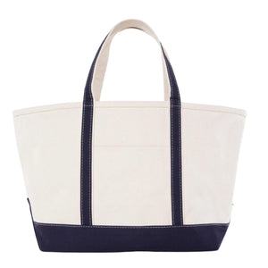Natural canvas gameday tote with navy-blue trim, front pocket, customizable monogram embroidery.