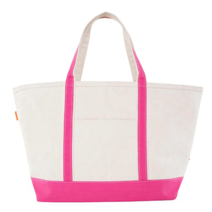 Natural canvas gameday tote with hot-pink trim and front pocket, ready for custom embroidery