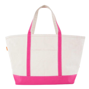 Natural canvas gameday tote with hot-pink trim and front pocket, ready for custom embroidery