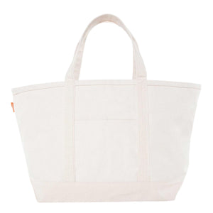Natural canvas gameday tote with stitched handles and front pocket ready for custom embroidery