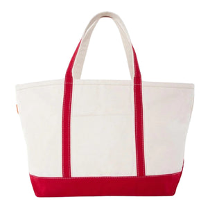 Natural canvas gameday tote with bright-red trim and front pocket, ready for custom embroidery