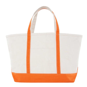 Natural canvas gameday tote with bright-orange trim and front pocket, ready for custom embroidery