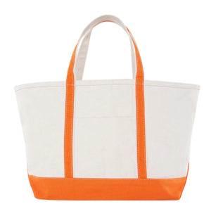 Natural canvas gameday tote with bright-orange trim and front pocket, ready for custom embroidery